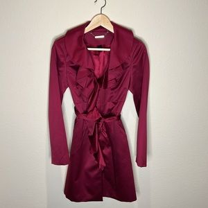 WHBM Magenta Satin Ruffle Front Trench Coat Sz XS